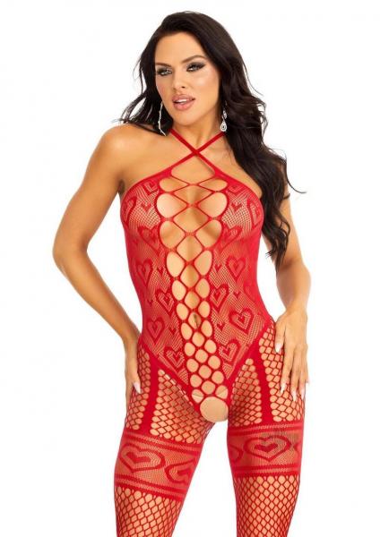 Heart Halter Bodystocking Garter Os Red