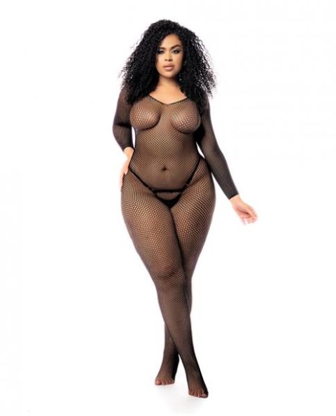 Long Sleeved All Over Fishnet Body Stocking Black Qn