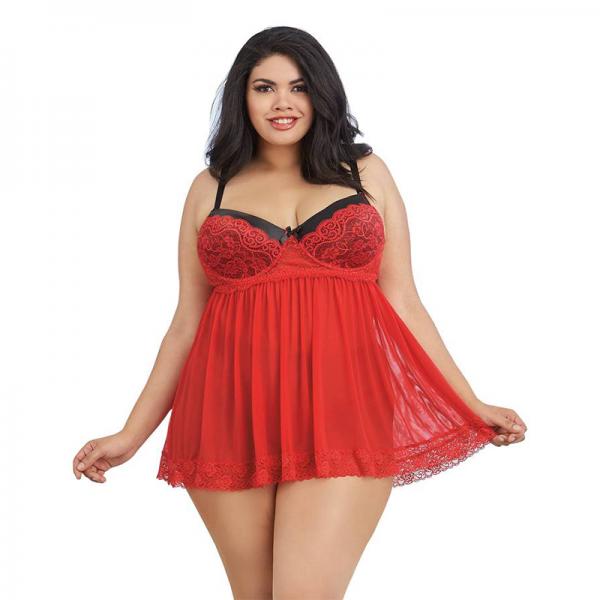 Dreamgirl Plus-size Stretch Mesh And Lace Babydoll With Underwire Push-up Cups, G-string, And Lace O