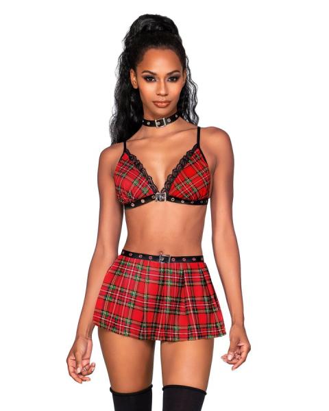 Dreamgirl Three-piece Schoolgirl-themed Set With Red Plaid Bralette And Matching Pleated Mini Skirt